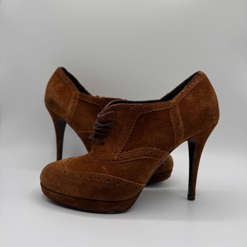 YSL Yves Saint Laurent Genuine Suede Leather Platform Oxford Laced Heels Booties - Picture 3 of 11